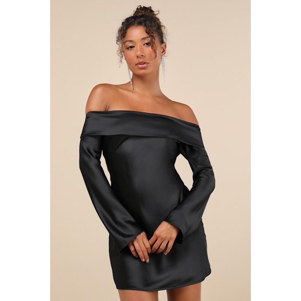 Lulus Luxurious Vision Black Satin Off-the-shoulder Mini Dress - BRAND NEW!